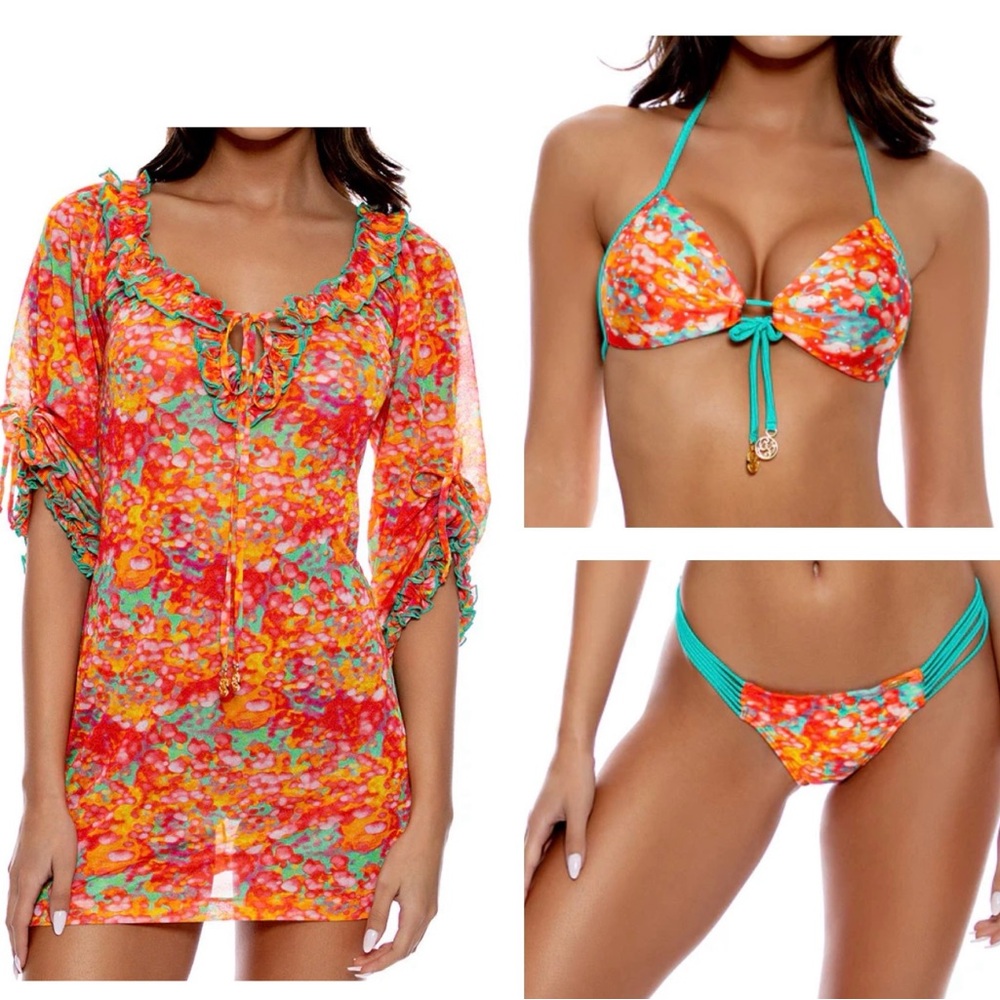 Luli Fama Fiesta De Flores Ruffle V-Neck Dress and Bikini Set